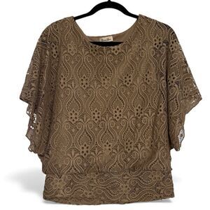 Brittany Black Lace Overlay Brown Tunic Top Scoop Neck Short Sleeves Size Medium